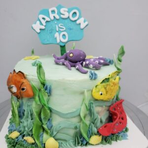 Pic of a cake with octopus and fish for cover of About us page